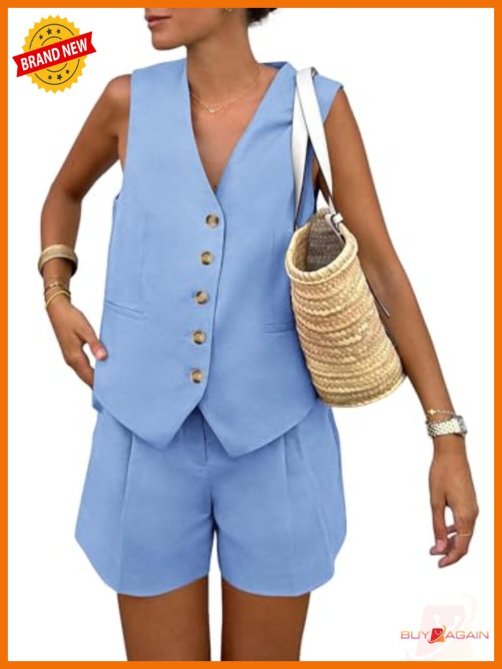 Sleeveless Button Down Vest & Shorts Matching Set